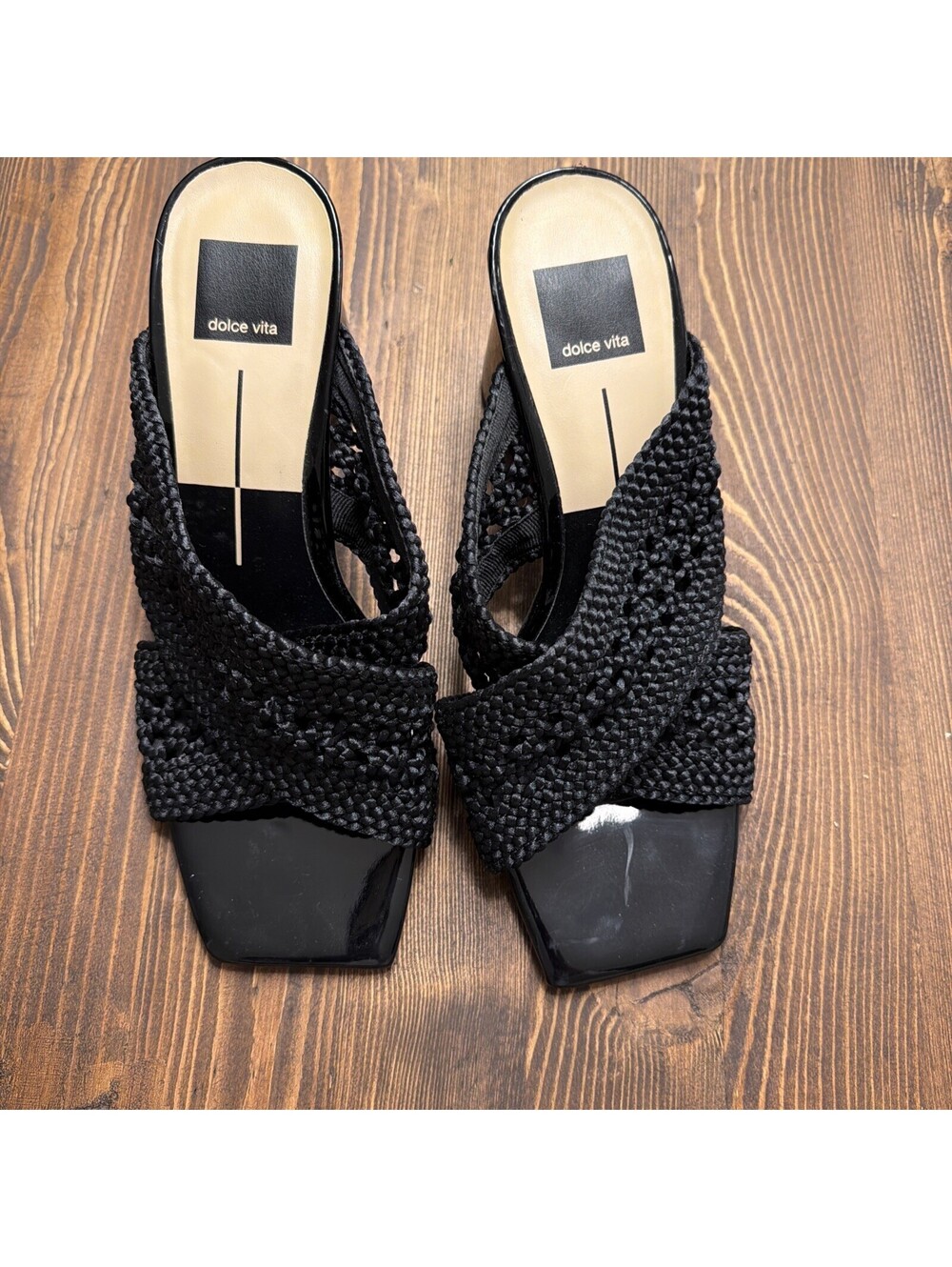 Dolce Vita Patch Black Woven Slip On Squared Open Toe Block Heeled Sandals 8.5